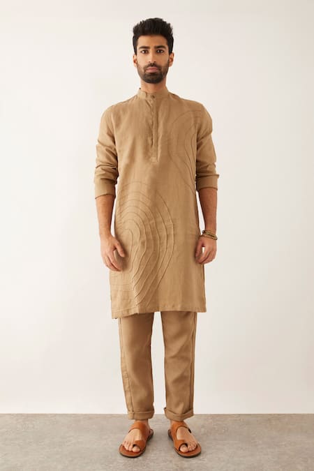 Buy_Son Of A Noble Snob_Brown Linen Fez Textured Kurta Set _Online_at_Aza_Fashions