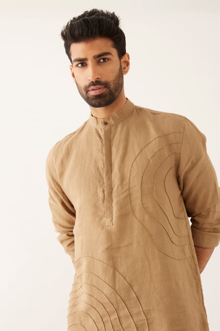 Shop_Son Of A Noble Snob_Brown Linen Fez Textured Kurta Set _Online_at_Aza_Fashions