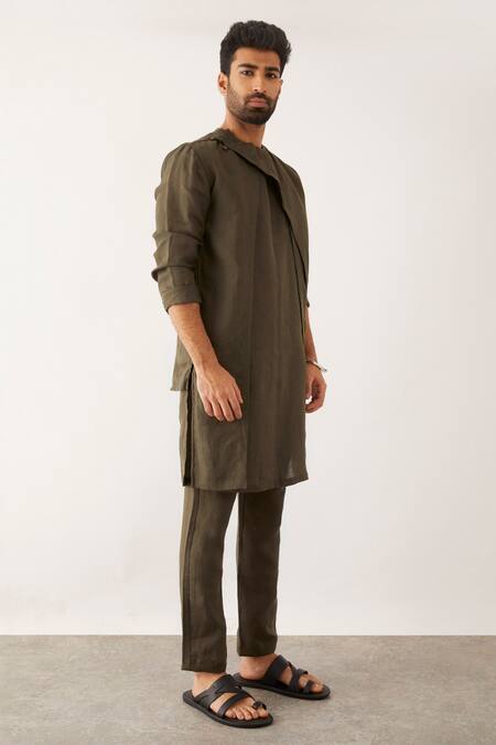 Son Of A Noble Snob_Green Linen Daha Panelled Kurta Set_Online_at_Aza_Fashions