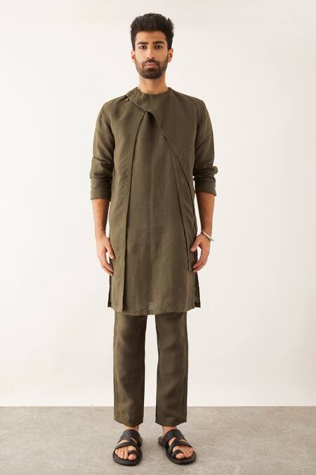 Buy_Son Of A Noble Snob_Green Linen Daha Panelled Kurta Set_Online_at_Aza_Fashions