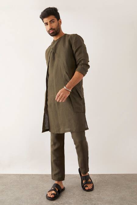 Buy_Son Of A Noble Snob_Green Linen Daha Panelled Kurta Set
