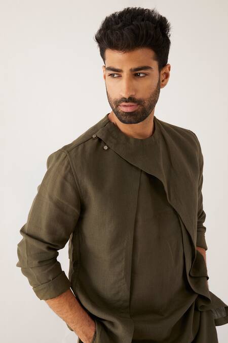 Shop_Son Of A Noble Snob_Green Linen Daha Panelled Kurta Set