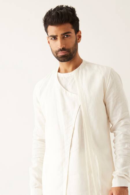 Son Of A Noble Snob White Linen Tabby Layered Kurta Set at Aza Fashions Son Of A Noble Snob_White Linen Tabby Layered Kurta Set _at_Aza_Fashions