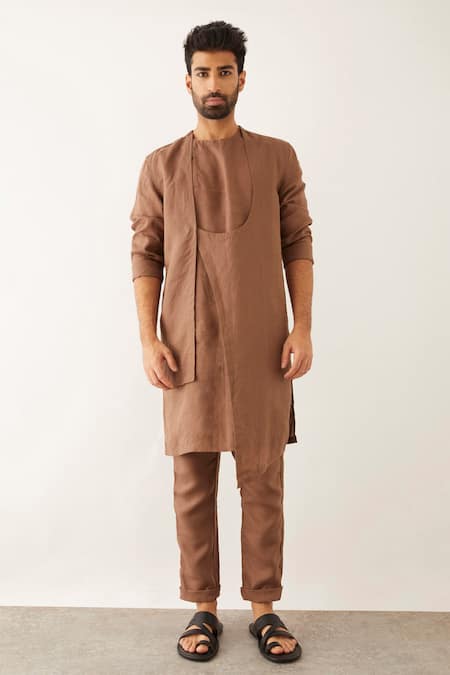 Buy_Son Of A Noble Snob_Brown Linen Yam Round Neck Kurta Set _Online_at_Aza_Fashions