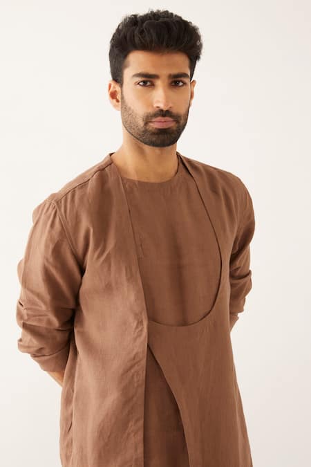 Shop_Son Of A Noble Snob_Brown Linen Yam Round Neck Kurta Set _Online_at_Aza_Fashions