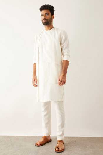 Son Of A Noble Snob_White Linen Emir Asymmetric Kurta Set_Online_at_Aza_Fashions