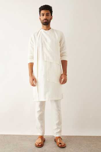 Buy_Son Of A Noble Snob_White Linen Emir Asymmetric Kurta Set_Online_at_Aza_Fashions