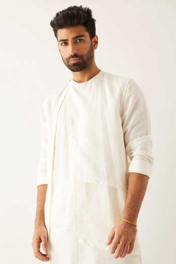 Shop_Son Of A Noble Snob_White Linen Emir Asymmetric Kurta Set_Online_at_Aza_Fashions