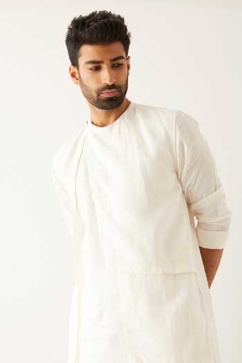 Son Of A Noble Snob_White Linen Emir Asymmetric Kurta Set_at_Aza_Fashions