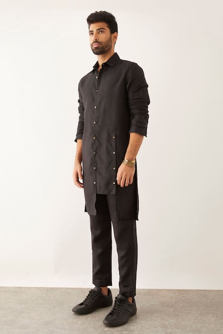 Son Of A Noble Snob_Black Linen Zend Kurta Set _Online_at_Aza_Fashions