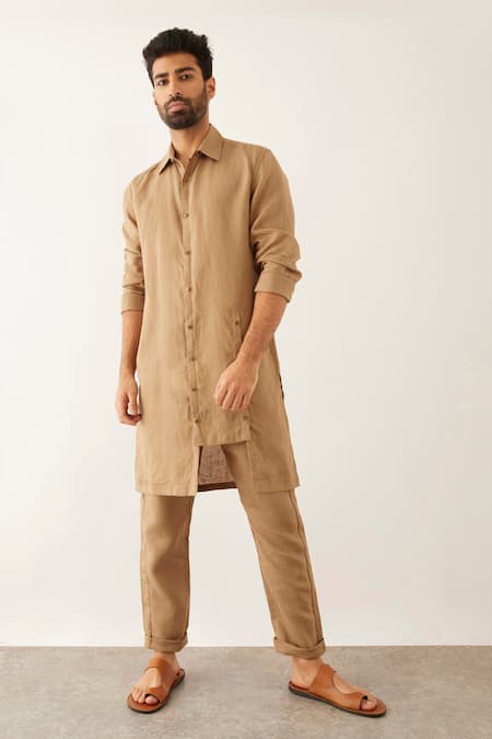 Son of A Noble Snob Brown 100% Linen Plain Zend Shirt Kurta Set 
