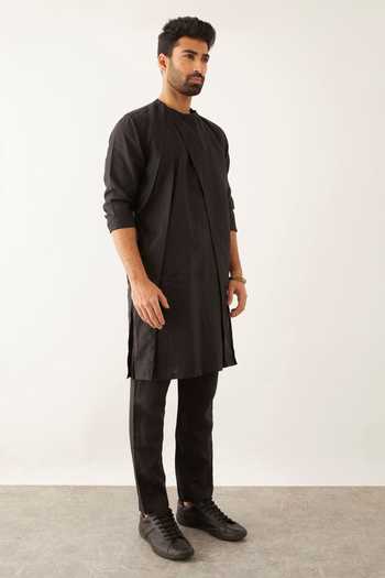 Son Of A Noble Snob_Black Linen Azam High Low Kurta Set_Online_at_Aza_Fashions