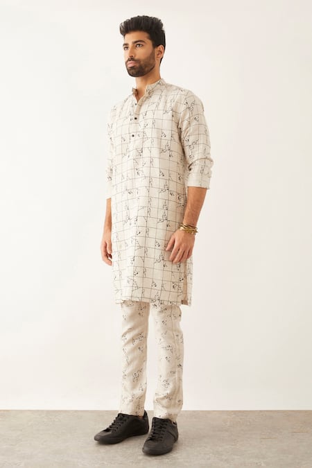 Son Of A Noble Snob_Ivory Linen Embroidery Halles Grid Floral Print Kurta Set _Online_at_Aza_Fashions