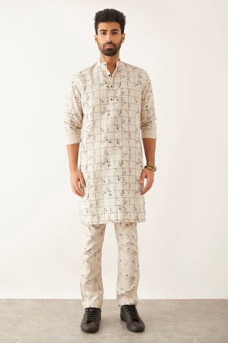 Buy_Son Of A Noble Snob_Ivory Linen Embroidery Halles Grid Floral Print Kurta Set _Online_at_Aza_Fashions