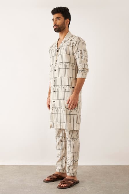 Buy_Son Of A Noble Snob_Ivory Linen Tuba Arches Printed Kurta Set _Online_at_Aza_Fashions