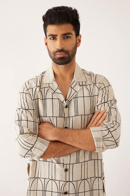 Shop_Son Of A Noble Snob_Ivory Linen Tuba Arches Printed Kurta Set _Online_at_Aza_Fashions