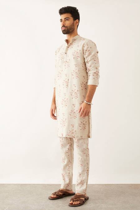 Son Of A Noble Snob_Ivory Linen Halles Catchfly Printed Kurta Set _Online_at_Aza_Fashions