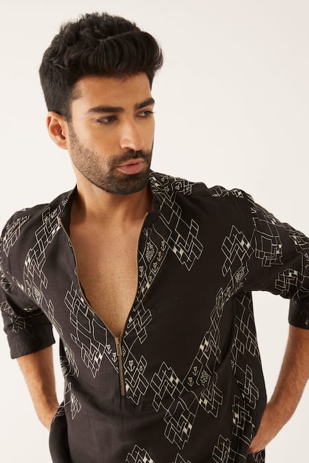 Shop_Son Of A Noble Snob_Black Linen Embroidery Souk Village Printed Kurta Set _Online_at_Aza_Fashions