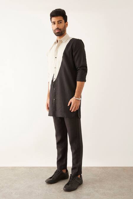Son Of A Noble Snob_Black Linen Riad Color Blocked Shirt_Online_at_Aza_Fashions