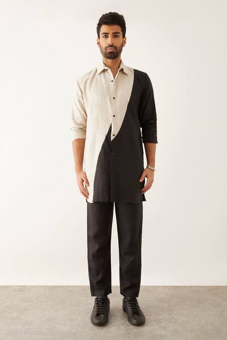 Buy_Son Of A Noble Snob_Black Linen Riad Color Blocked Shirt_Online_at_Aza_Fashions