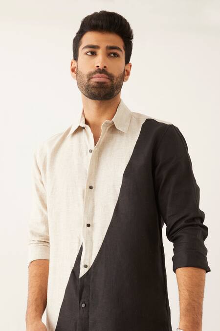 Shop_Son Of A Noble Snob_Black Linen Riad Color Blocked Shirt_Online_at_Aza_Fashions
