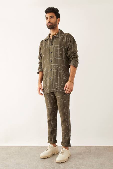 Son Of A Noble Snob_Green Linen Yani Topography Print Shirt_Online_at_Aza_Fashions