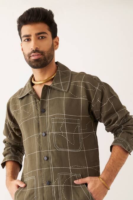 Shop_Son Of A Noble Snob_Green Linen Yani Topography Print Shirt_Online_at_Aza_Fashions