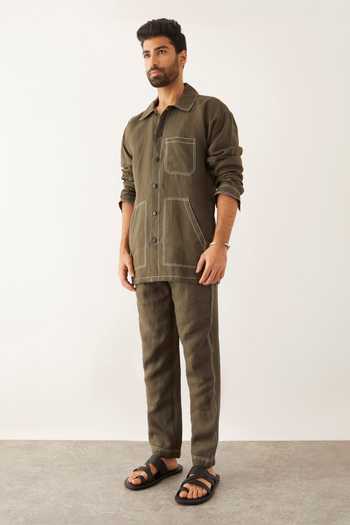 Son Of A Noble Snob_Green Linen Yani Shirt_Online_at_Aza_Fashions