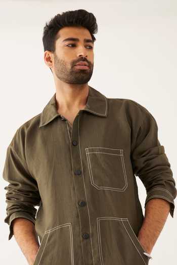 Shop_Son Of A Noble Snob_Green Linen Yani Shirt_Online_at_Aza_Fashions