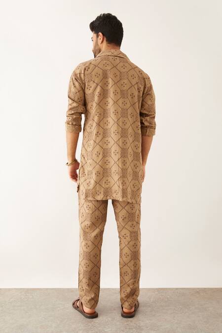 Shop Son Of A Noble Snob Brown Linen Cai Clover Print Shirt at Aza Fashions Shop_Son Of A Noble Snob_Brown Linen Cai Clover Print Shirt_at_Aza_Fashions