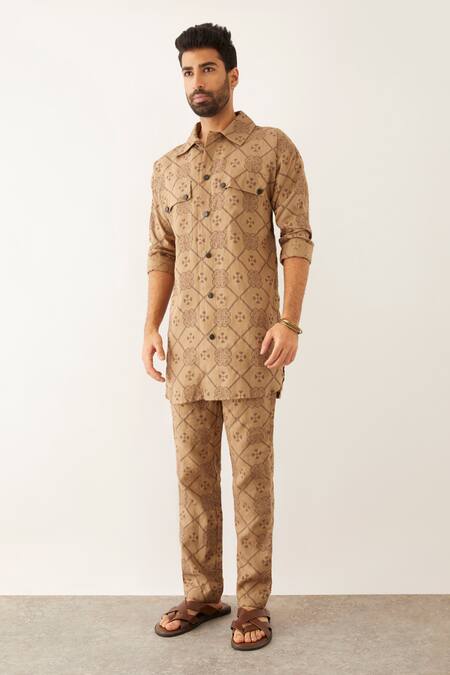 Son Of A Noble Snob Brown Linen Cai Clover Print Shirt Online at Aza Fashions Son Of A Noble Snob_Brown Linen Cai Clover Print Shirt_Online_at_Aza_Fashions