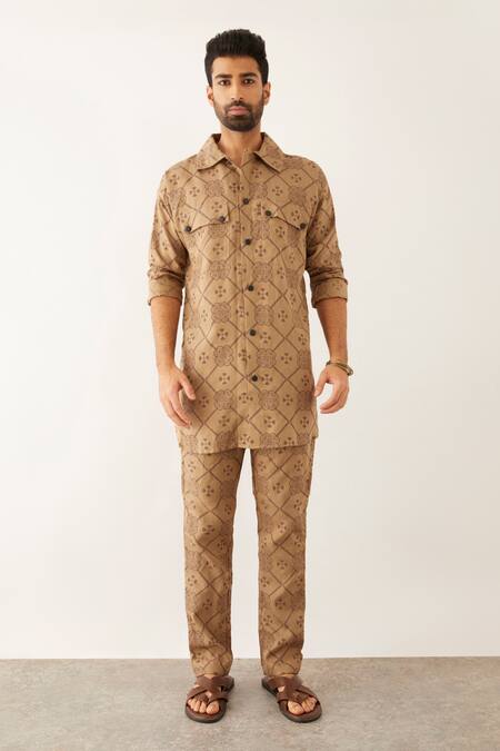 Buy Son Of A Noble Snob Brown Linen Cai Clover Print Shirt Online at Aza Fashions Buy_Son Of A Noble Snob_Brown Linen Cai Clover Print Shirt_Online_at_Aza_Fashions