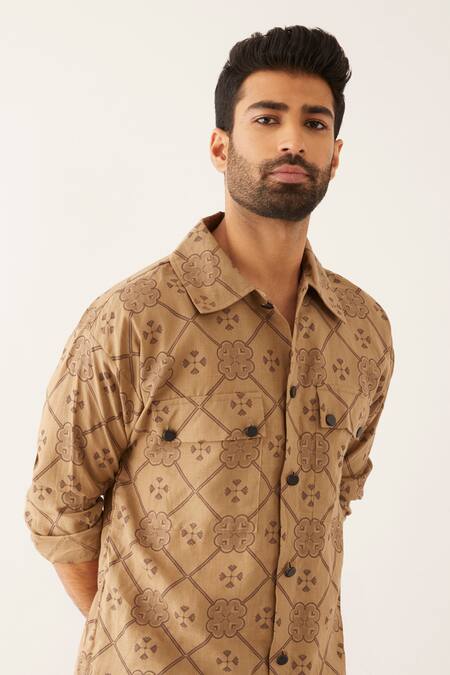 Shop Son Of A Noble Snob Brown Linen Cai Clover Print Shirt Online at Aza Fashions Shop_Son Of A Noble Snob_Brown Linen Cai Clover Print Shirt_Online_at_Aza_Fashions
