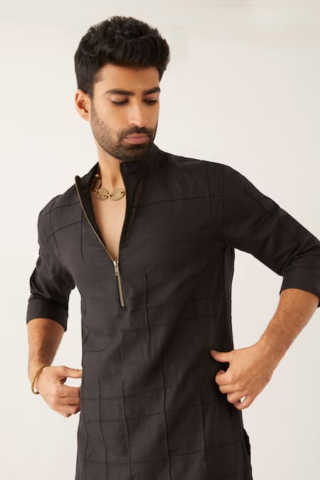 Shop Son Of A Noble Snob Black Linen Issa Textured Kurta Set Online at Aza Fashions Shop_Son Of A Noble Snob_Black Linen Issa Textured Kurta Set _Online_at_Aza_Fashions