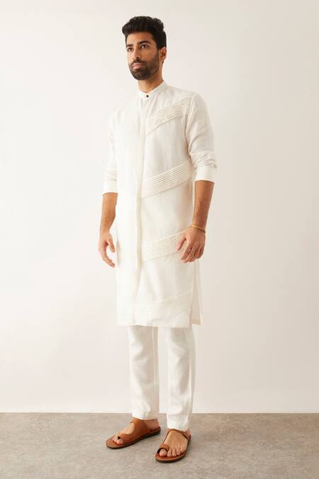 Son Of A Noble Snob White Linen Sequins Aaki Pleated Kurta Set Online at Aza Fashions Son Of A Noble Snob_White Linen Sequins Aaki Pleated Kurta Set _Online_at_Aza_Fashions