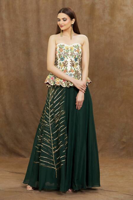 Khwaab by Sanjana Lakhani Green Corset Raw Silk Embroidered Thread Organza Skirt With Floral Peplum