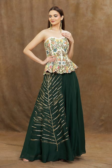 Buy_Samyukta Singhania_Green Silk, Organza Sequins Skirt With Floral Embroidered Peplum Corset_Online_at_Aza_Fashions