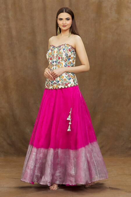 Shop_Samyukta Singhania_Pink Sweetheart Neck Floral Embroidered Corset With Ombre Lehenga_Online_at_Aza_Fashions