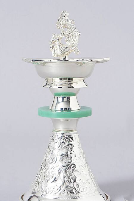 Assemblage_Silver Brass, Green Stone Peacock Samai Lamp_Online_at_Aza_Fashions