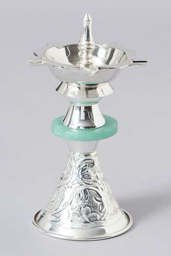 Assemblage_Silver Brass, Green Stone Samai Lamp_Online_at_Aza_Fashions