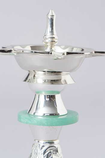 Buy_Assemblage_Silver Brass, Green Stone Samai Lamp_Online_at_Aza_Fashions