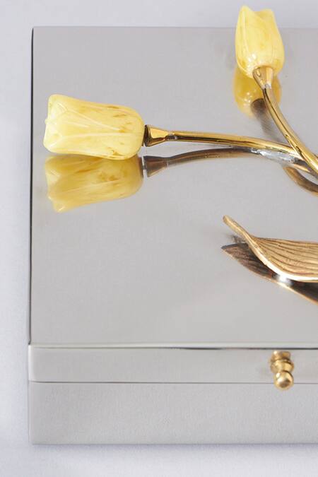 Assemblage_Silver Resin, Brass, Stainless Steel Tulip Accentuated Gift Box_Online_at_Aza_Fashions