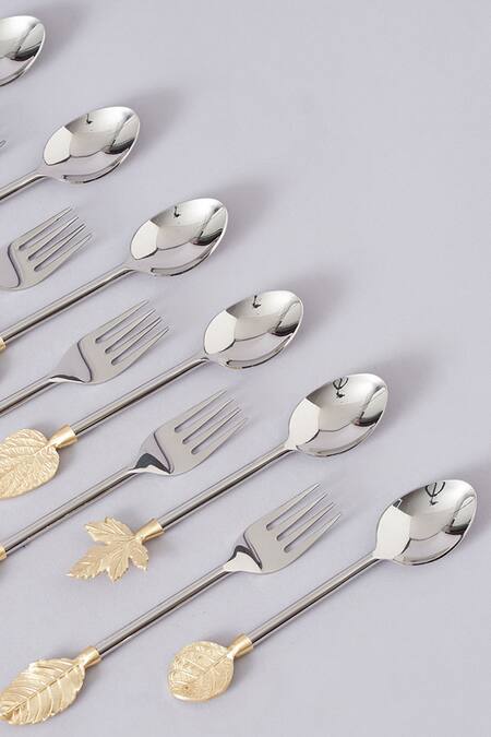 Assemblage_Silver Brass, Stainless Steel And Spoon And Fork Set_Online_at_Aza_Fashions