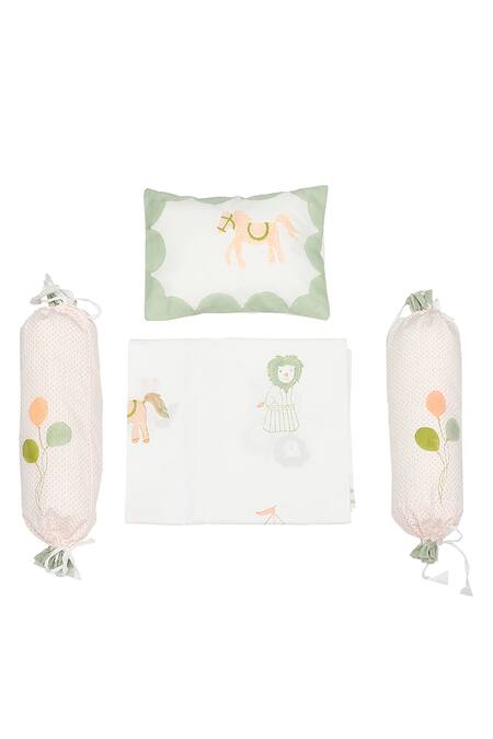Buy_Masaya_Peach Hypoallergenic Cotton Hand Block I Am Going To The Circus Cot Bedding Set_Online_at_Aza_Fashions