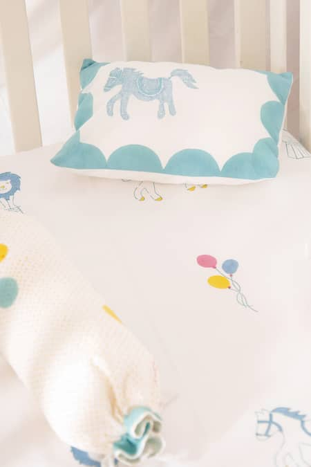 Masaya Blue Hypoallergenic Cotton Hand I Am Going To The Circus Cot Bedding Set 