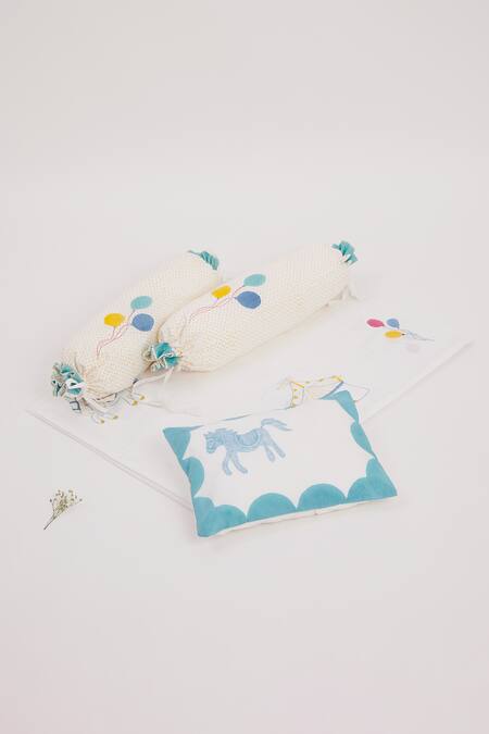 Shop Masaya Blue Hypoallergenic Cotton Hand I Am Going To The Circus Cot Bedding Set at Aza Fashions Shop_Masaya_Blue Hypoallergenic Cotton Hand I Am Going To The Circus Cot Bedding Set_at_Aza_Fashions