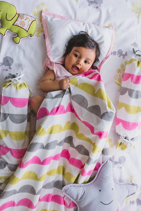 Shop Masaya Grey Hypoallergenic Cotton, Filler Adventures Mamma And Me Cot Bedding Set at Aza Fashions Shop_Masaya_Grey Hypoallergenic Cotton, Filler Adventures Mamma And Me Cot Bedding Set_at_Aza_Fashions