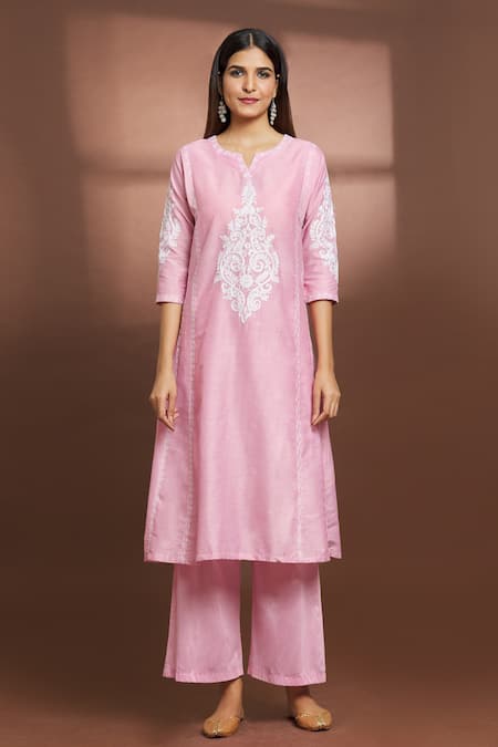Samyukta Singhania_Pink Cotton, Silk Embroidery Split V-neck Kurta And Pant Set _Online_at_Aza_Fashions