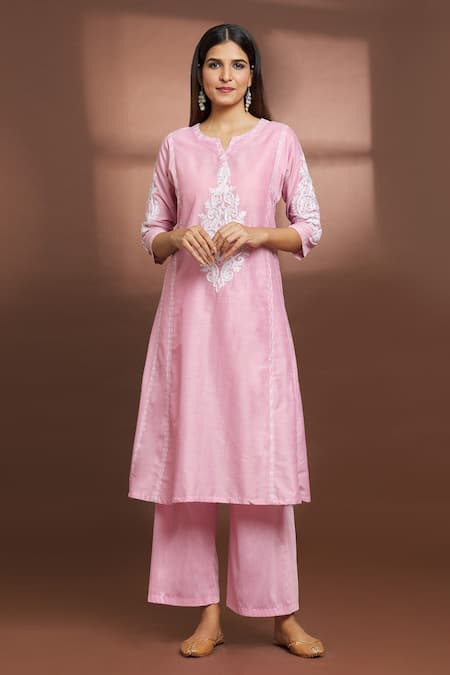Buy_Samyukta Singhania_Pink Cotton, Silk Embroidery Split V-neck Kurta And Pant Set _Online_at_Aza_Fashions