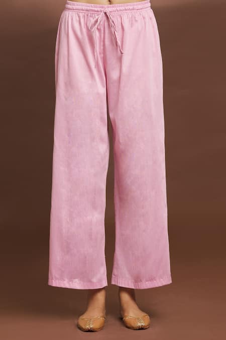Samyukta Singhania_Pink Cotton, Silk Embroidery Split V-neck Kurta And Pant Set _at_Aza_Fashions